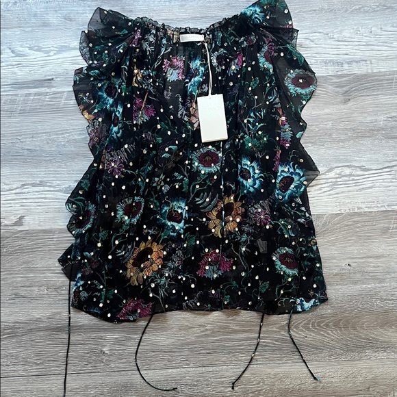Ulla Johnson Black Floral Ruffle Blouse sizes X-Large new with tag - Picture 1 of 8